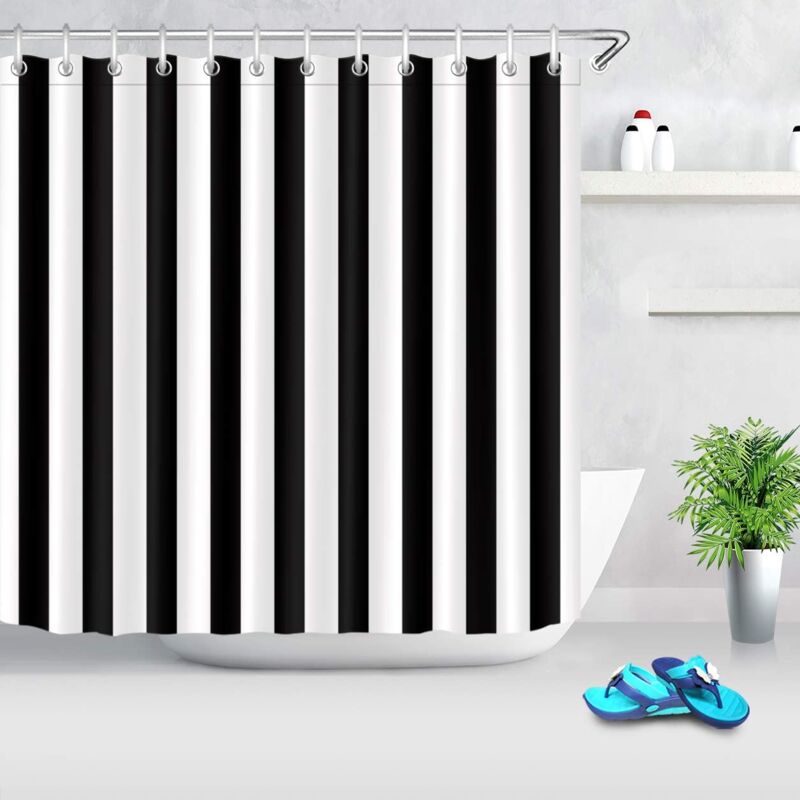 foto del prodotto ymyny crediri tenda da doccia a righe bianche e nere, tessuto in poliestere impermeabile 180 x 200 cm, arredo bagno semplice ed elegante, ganci