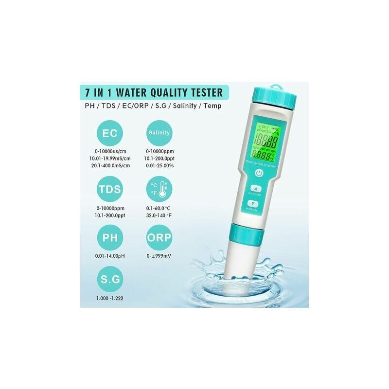 foto del prodotto ymyny crediri tester ph digitale, misuratore 7 in 1 ph tds ec orp sg salinit temperatura con atc, risoluzione 0,01, tester a penna ad alta