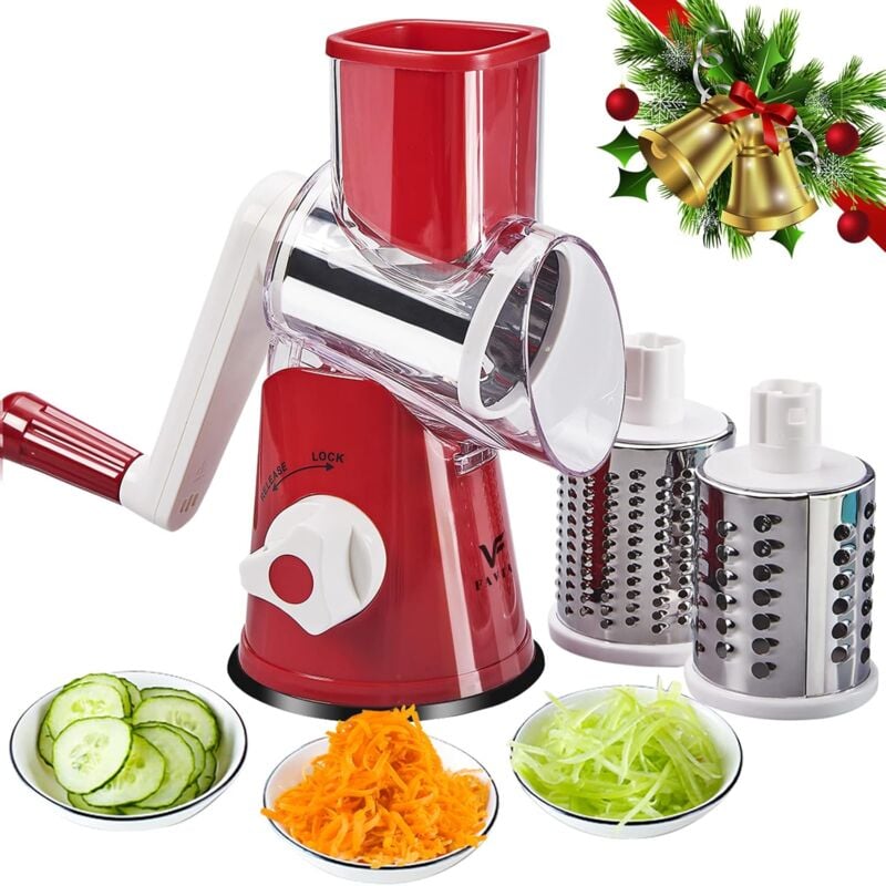 foto del prodotto ymyny grattugia rotante manuale per verdure, grattugia manuale per verdure, grattugia a tamburo multifunzione, con 3 lame in acciaio inox, per