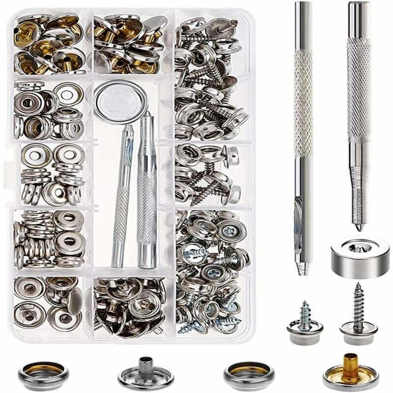 foto del prodotto ymyny kit di bottoni automatici in metallo con rivetti e strumenti di fissaggio. bottoni automatici in pelle. riparazione e sostituzione di bottoni