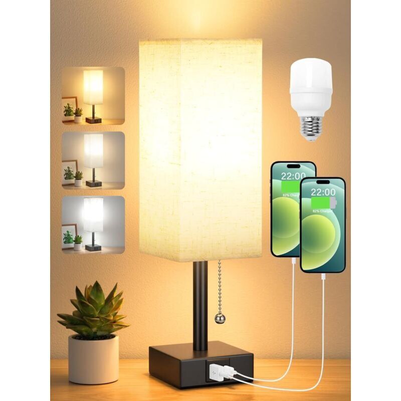 foto del prodotto ymyny lampada da comodino dimmerabile a 3 colori 3000 4000 5000k con porte di ricarica usb a c, lampadina a led, interruttore a catena per camera