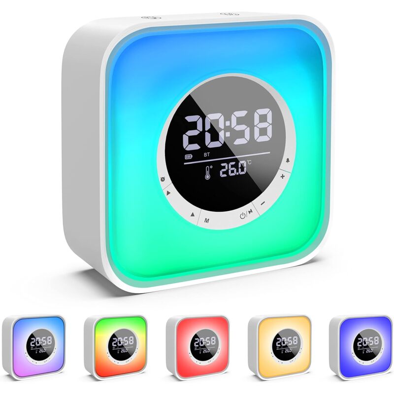 foto del prodotto ymyny luce sveglia con altoparlante bluetooth con lampada da comodino a led con 10 cambi di colore, sveglia con calendario digitale, radio fm e
