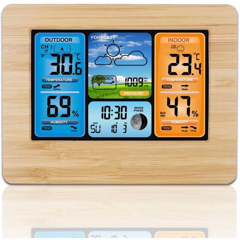 foto del prodotto ymyny orologio con sveglia a colori lcd con termometro e igrometro per interni ed esterni, 3373norcc bamboo