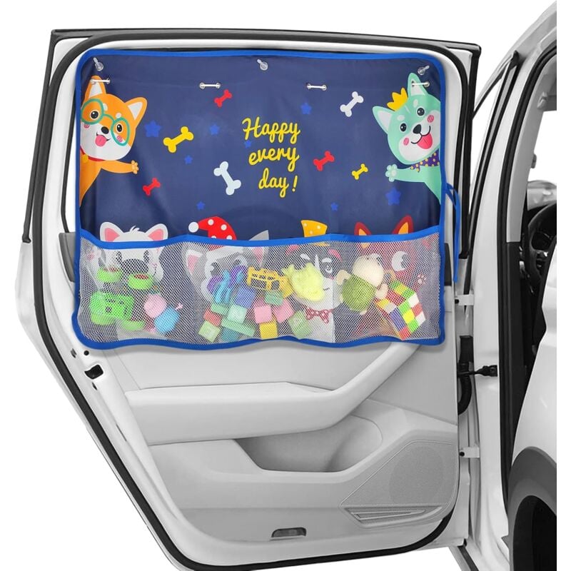 foto del prodotto ymyny parasole per finestrino auto per bambini, 1 confezione, con tasca portaoggetti in rete e 7 ventose, per bambini e animali domestici blu 
