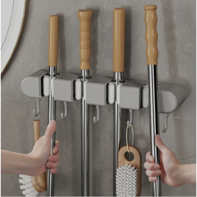 foto del prodotto ymyny porta scopa a parete senza foratura 4 staffe 5 ganci porta scopa, porta scopa a parete resistente all acqua, porta scopa, clip per scopa,