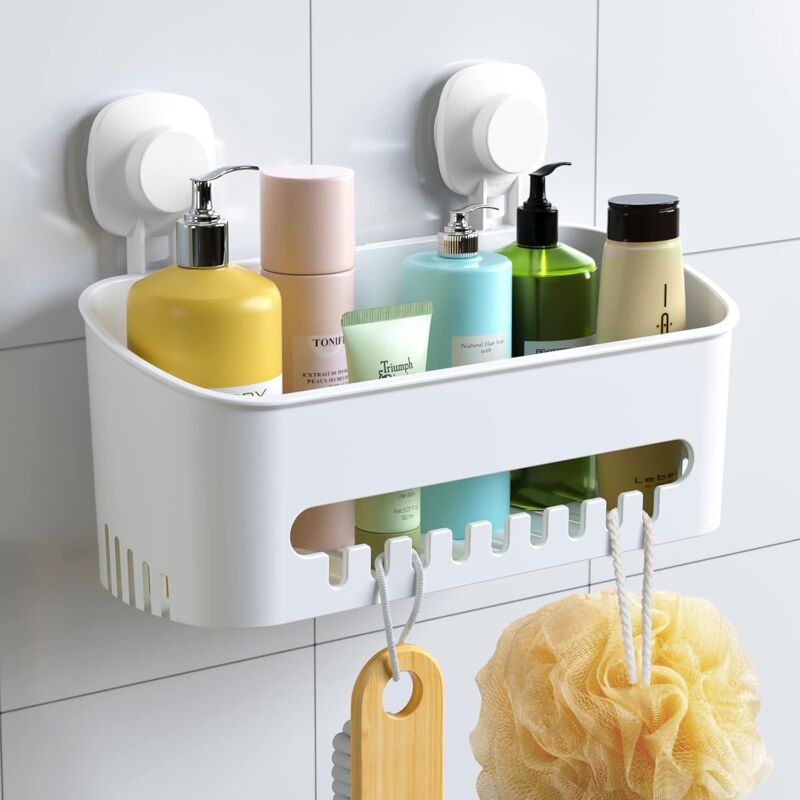 foto del prodotto ymyny portaoggetti da doccia con ventosa, senza foratura, riutilizzabile, rimovibile, 8 kg, in plastica, da parete, per bagno wc cucina, bianco