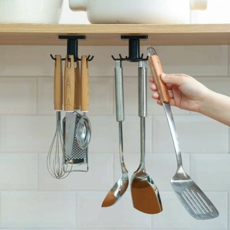 foto del prodotto ymyny portautensili da cucina rotante a 360 , 6 ganci sottopensile portautensili da cucina, ganci portaoggetti senza foratura per cucina bagno