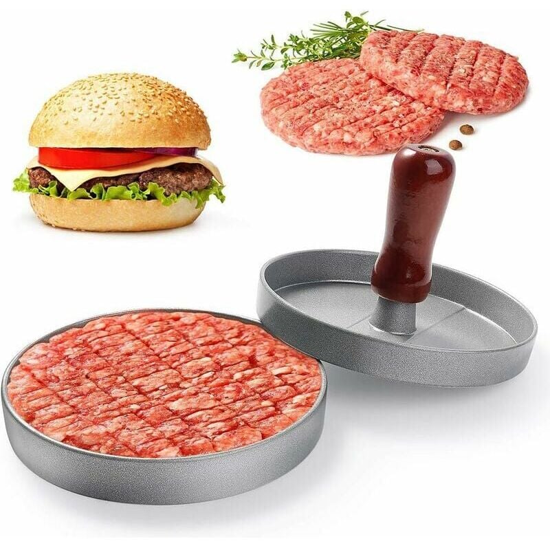 foto del prodotto ymyny pressa per hamburger, pressa per hamburger per carne macinata da cucina, manico in legno, pressa per hamburger antiaderente in alluminio per