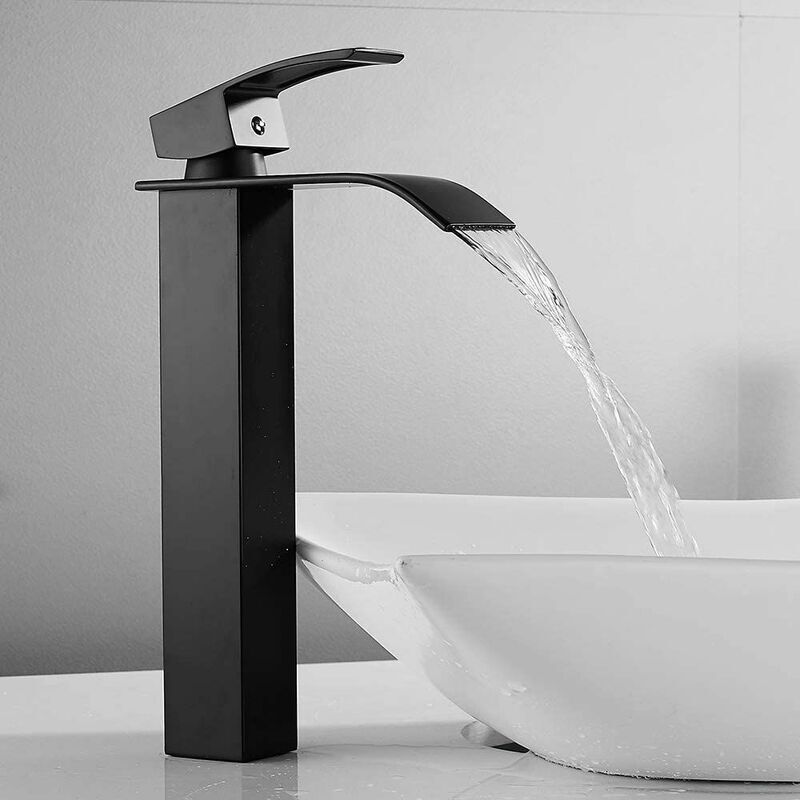 foto del prodotto ymyny rubinetto a cascata nero con beccuccio alto, miscelatore monoforo per lavabo alto, miscelatore monocomando per acqua calda e fredda in rame