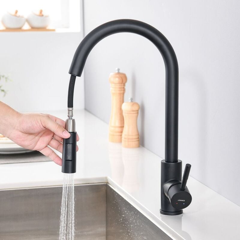 foto del prodotto ymyny rubinetto da cucina ad alta pressione crediri lonheo in nero con 2 tipi di getto e rubinetto per lavello girevole a 360 con spruzzatore