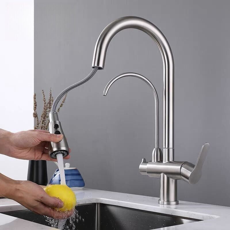 immagine 0 del prodotto ymyny rubinetto da cucina estensibile a 3 vie, doppia maniglia, miscelatore da cucina girevole a 360 , disponibile con acqua calda e fredda, argento