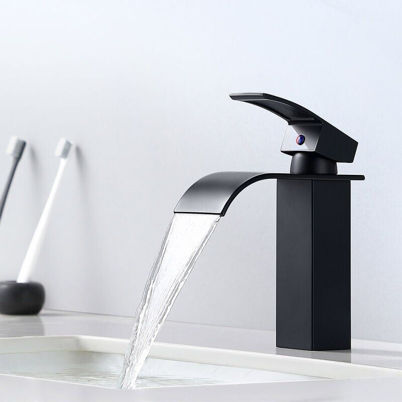 foto del prodotto ymyny rubinetto miscelatore per lavabo a cascata nero moderno per lavabo da appoggio, adatto per lavabo da incasso