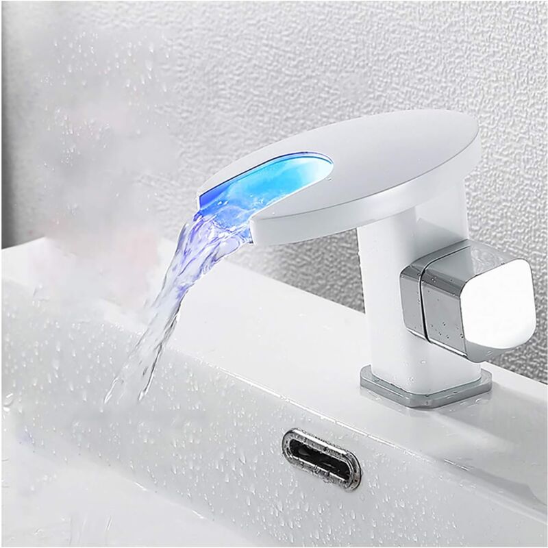 foto del prodotto ymyny rubinetto per lavabo a cascata a led, miscelatore monocomando per bagno, in ottone, con montaggio su piano, con acqua calda e fredda, bianco