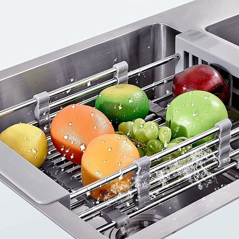 foto del prodotto ymyny scolapiatti telescopico in acciaio inox crediri, scolapiatti regolabile, scolapiatti espandibile per lavello da cucina, organizer per frutta