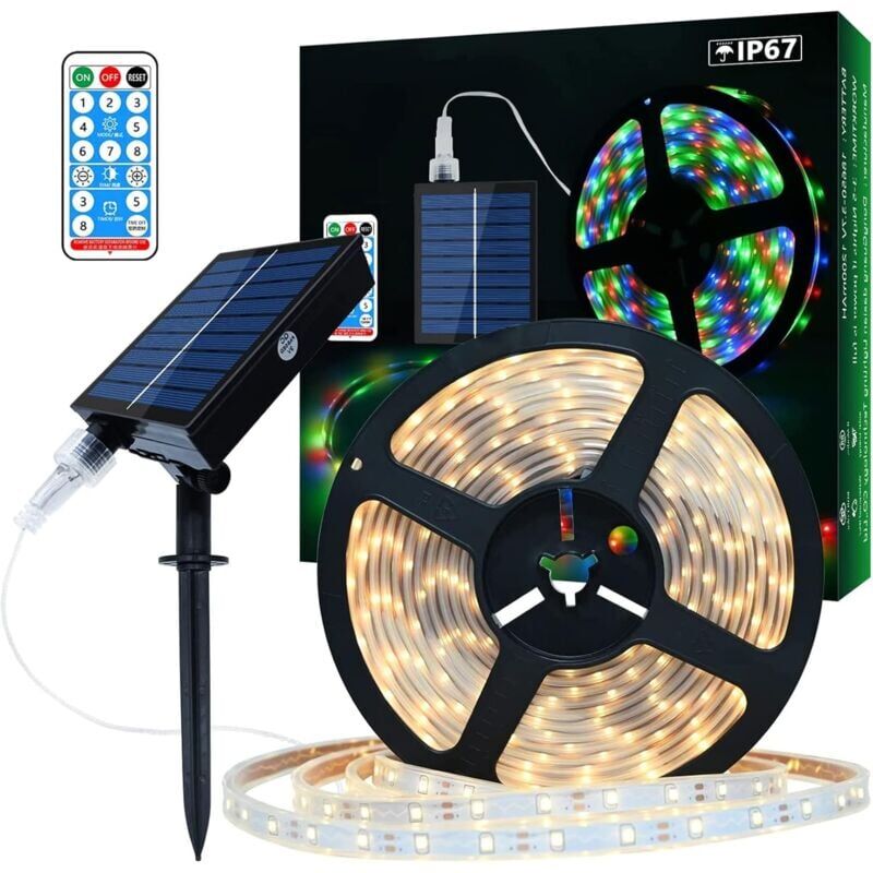 foto del prodotto ymyny striscia led solare da esterno, 5 m, 280 led, ip67, impermeabile, luci led bianco caldo con telecomando, 8 modalit di illuminazione, 2835