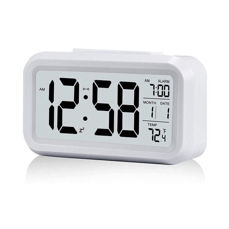 foto del prodotto ymyny sveglia digitale bianca con ampio display lcd della temperatura, sveglia silenziosa alimentata a batteria con funzione snooze loy
