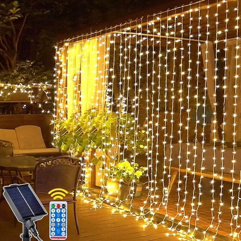 foto del prodotto ymyny tenda luminosa solare da esterno, 3m x 3m 300led luci solari con telecomando, 8 modalit impermeabili luci solari da esterno a cascata per