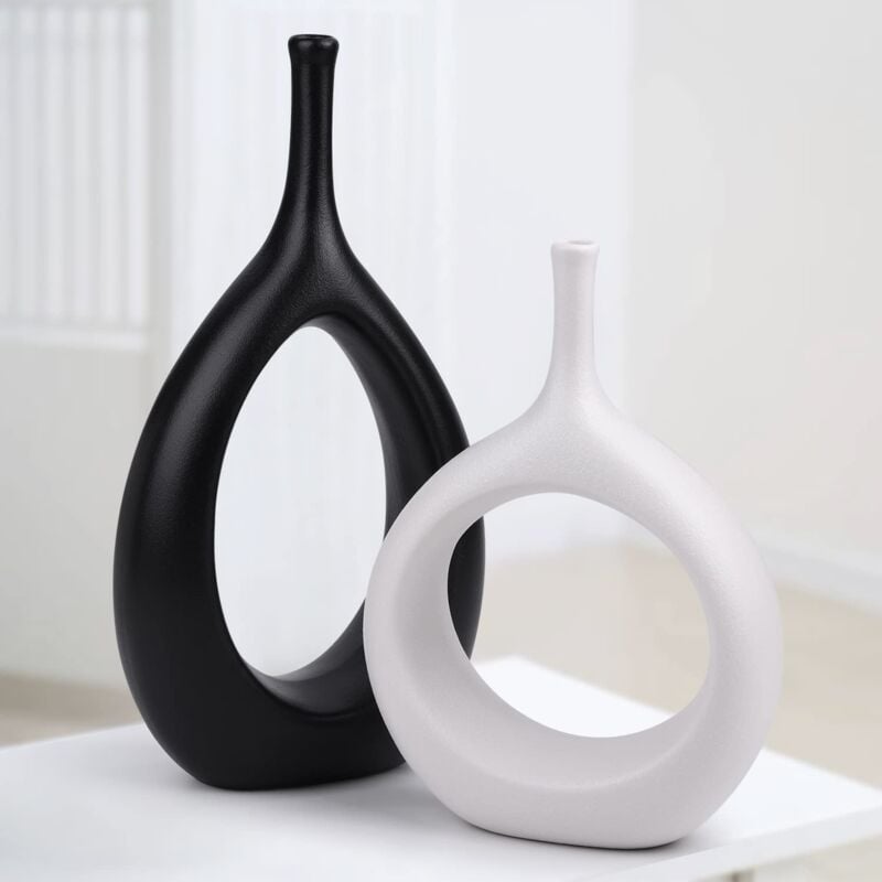 foto del prodotto ymyny vasi in bianco e nero, vaso decorativo moderno per erba della pampa, vasi in ceramica a forma di ciambella, decorazione vintage