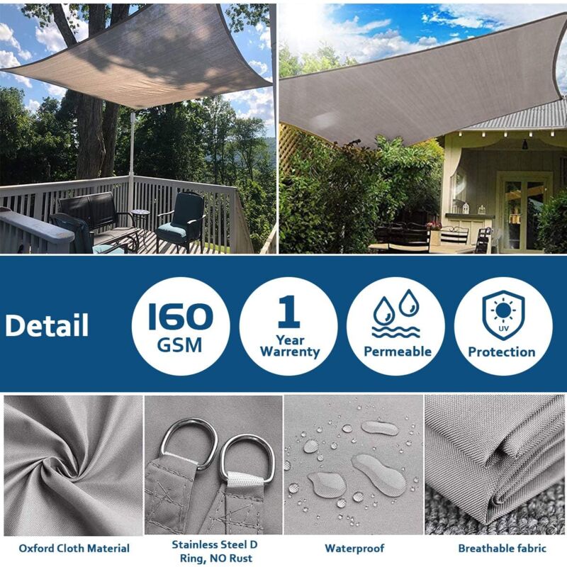 foto del prodotto ymyny vela ombreggiante quadrata 2 x 2 m, resistente all acqua, protezione uv al 95 , con corda gratuita, per giardino, spiaggia, patio grigio 