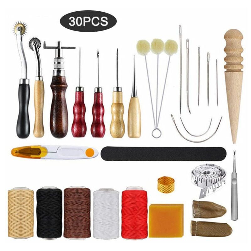 foto del prodotto ynkkvre set di 30 utensili per l artigianato in pelle per scarpe, borse, cinture, cucito, marcatura, finitura, cucitura e piegatura della pelle