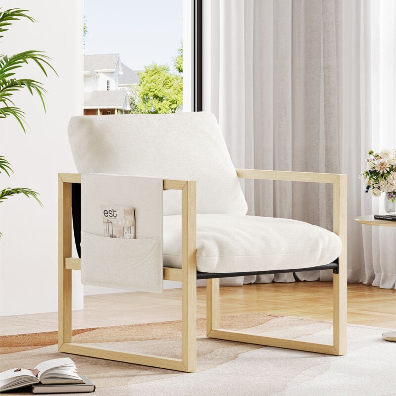 foto del prodotto yoleo comoda poltrona, sedia da lettura, struttura in legno massello, imbottitura in lana d agnello, tasche laterali portaoggetti, 79x68x83 cm,