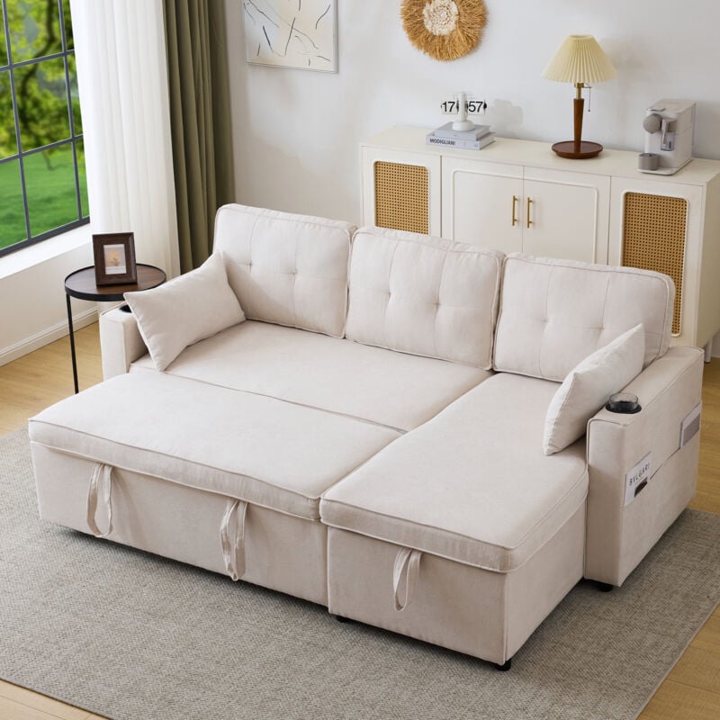 foto del prodotto yoleo divano letto a 3 posti, divano a l con spazio contenitore, portabicchieri, design moderno per soggiorno, 211x130x86 cm, beige