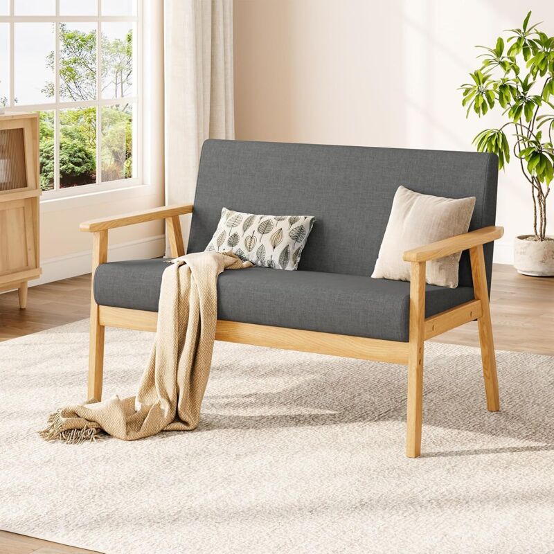 foto del prodotto yoleo divano scandinavo a 2 posti in tessuto di lino, poltrona da soggiorno con struttura in legno, per piccoli spazi, 107 l x 60 p x 76 a cm,