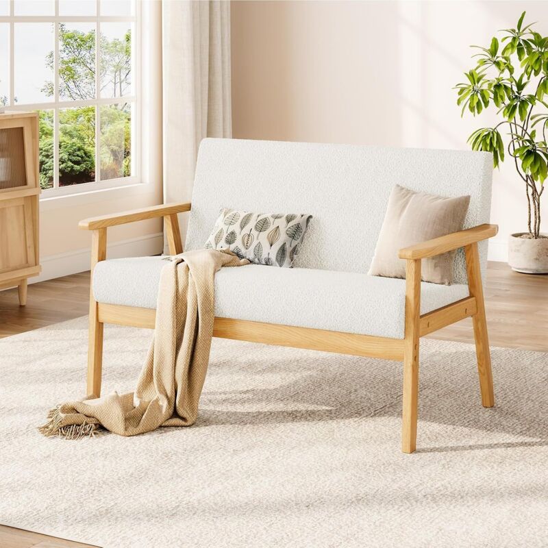 foto del prodotto yoleo divano scandinavo a 2 posti in velluto teddy, poltrona da soggiorno con struttura in legno, per piccoli spazi, 107 l x 60 p x 76 a cm, bianco