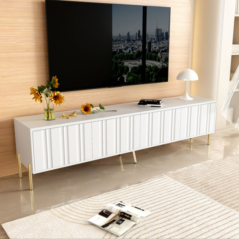 foto del prodotto yoleo mobile tv bianco, design con anta scanalata, 8 scomparti 4 ante, gambe dorate, 190 l x 38 p x 48 a cm