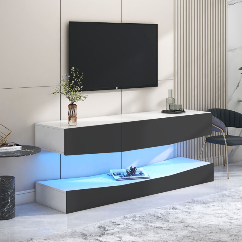 foto del prodotto yoleo mobile tv da parete lucido con illuminazione a led, moderno mobile tv sospeso da parete per soggiorno con 3 cassetti, l 180 cm, nero