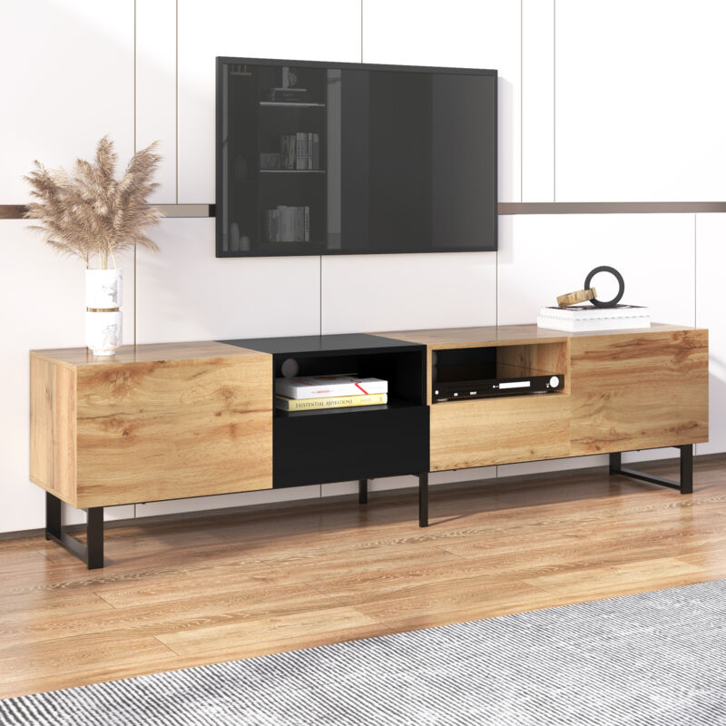 foto del prodotto yoleo mobile tv in stile industriale, design nero e legno, 2 ante e 2 cassetti, elegante credenza per soggiorno, 190x38x48 cm