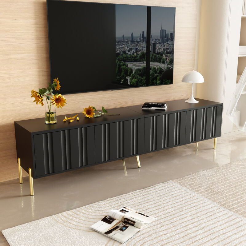 foto del prodotto yoleo mobile tv nero, design con anta scanalata, 8 scomparti 4 ante, gambe dorate, 190 l x 38 p x 48 a cm