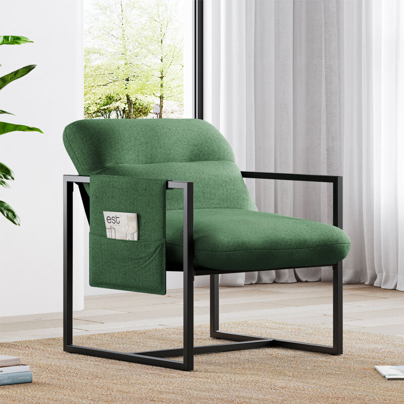 foto del prodotto yoleo poltrona comoda, sedia da lettura, struttura in metallo, imbottitura in lana d agnello, tasche laterali portaoggetti, 78x65x80 cm, verde