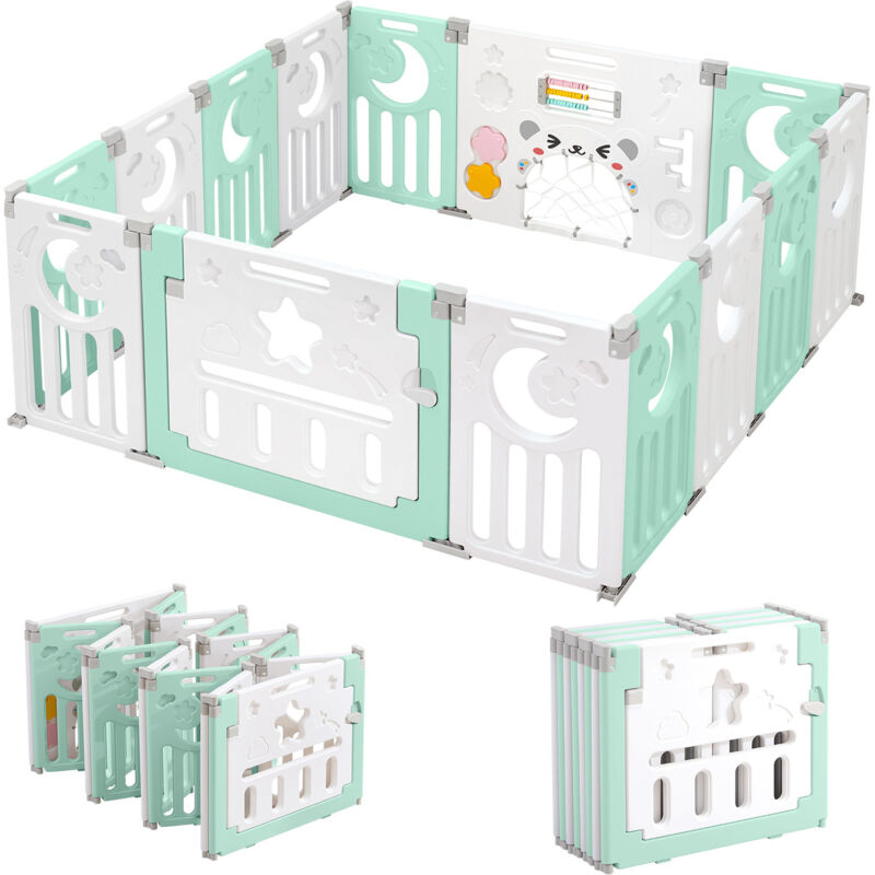 foto del prodotto yoleo recinto per bambini 12 2 pannelli, cancelletto di sicurezza, griglia protettiva in plastica ecologica, 150x150x62 cm verde
