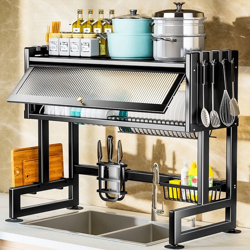 foto del prodotto yoleo scolapiatti con ganci, set di accessori, antipolvere, per ripiano del lavello della cucina, 105x30x80 cm, nero