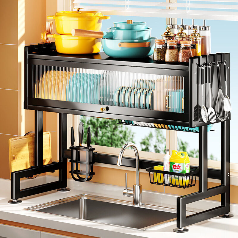 foto del prodotto yoleo scolapiatti con ganci, set di accessori, antipolvere, per ripiano del lavello della cucina, 85x30x80 cm, nero