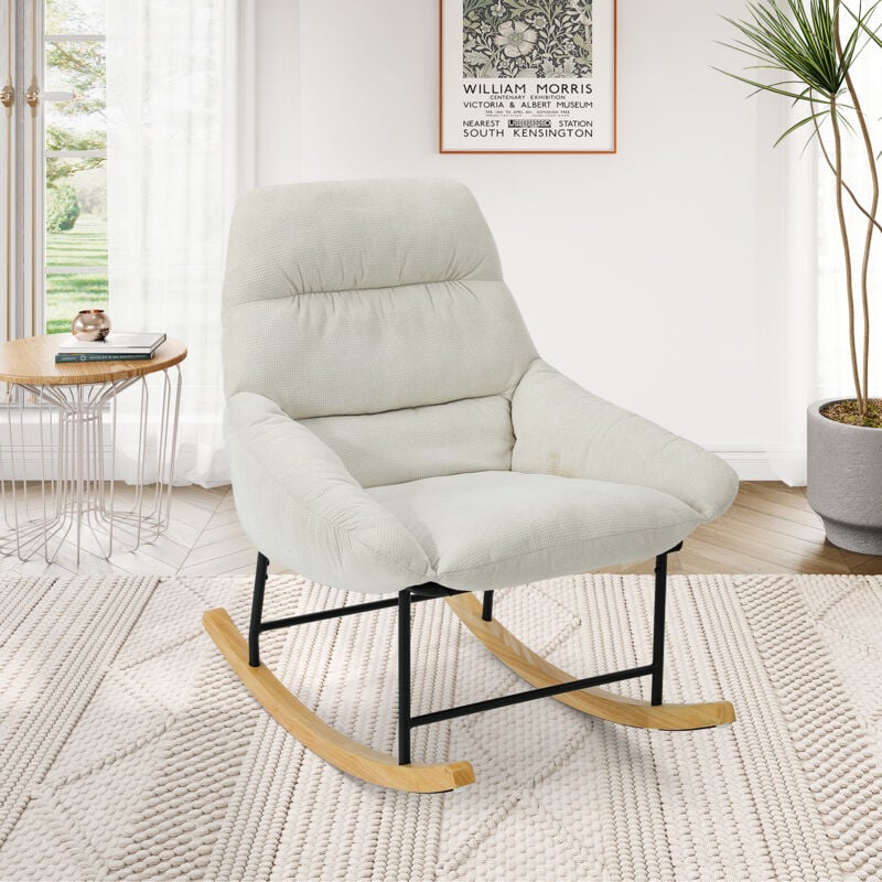 foto del prodotto yoleo sedia a dondolo in tessuto ciniglia sedia a dondolo imbottita per esterni gambe in legno massello sedia da lettura per adulti beige