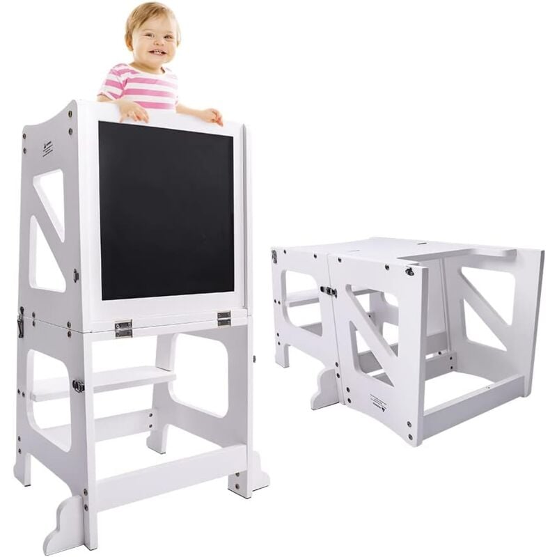 foto del prodotto yoleo torre di apprendimento montessori per bambini, torre di apprendimento in legno, assistente da cucina con lavagna, bianco