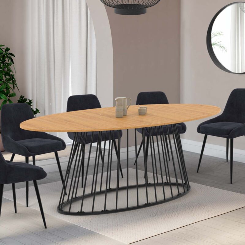 foto del prodotto yuna tavolo da pranzo ovale per 10 persone con piano in legno e gamba in filo metallico nero 200 cm