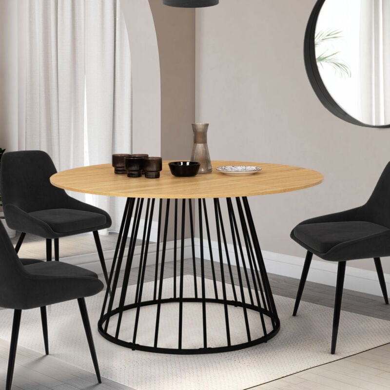 foto del prodotto yuna tavolo da pranzo rotondo per 6 persone con piano in legno e gamba in filo metallico nero 110 cm