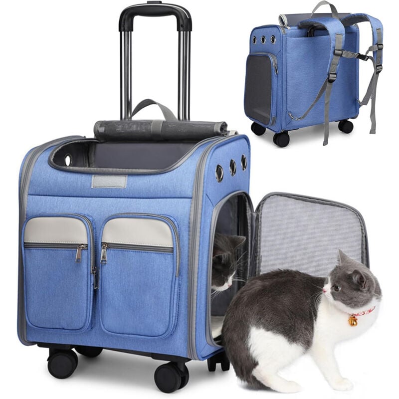 foto del prodotto zaino con ruote per il trasporto di animali domestici, passeggino per animali domestici, borsa per il trasporto di cuccioli e gatti, zaino portatile