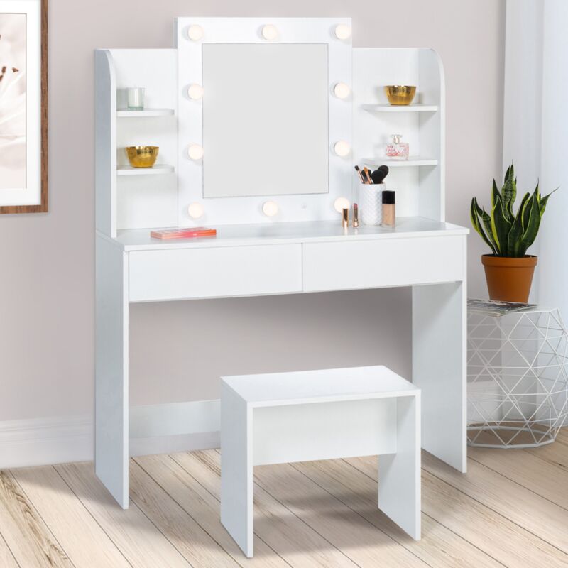 foto del prodotto zelia tavolo da toilette bianco con 4 ripiani, specchio led e sgabello