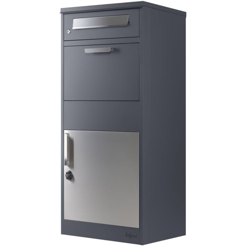 foto del prodotto zelsius cassetta dei pacchi antracite ral7016 con elementi in acciaio inox, cassetta delle lettere con serratura antifurto