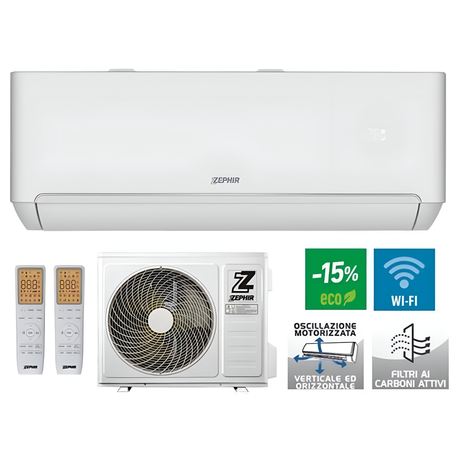 foto del prodotto zephir climatizzatore condizionatore monosplit ztq 9000 btu con due telecomandi wifi my24 classe a a r32 unità interna unità esterna