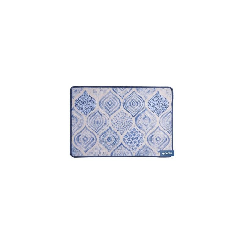 foto del prodotto zerbino da ingresso con stampa digitale geometrica, 50x70cm, in poliestere e pvc, blu e bianco