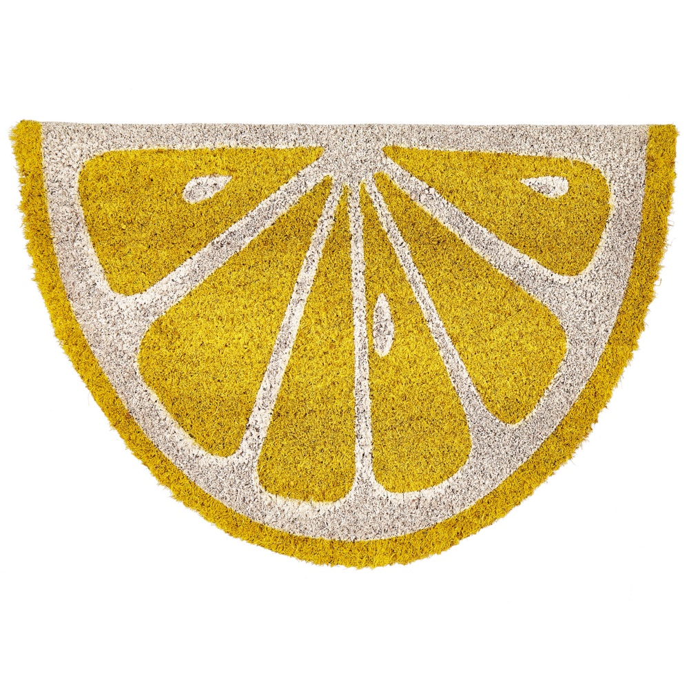 foto del prodotto zerbino giallo in cocco naturale con supporto in pvc antiscivolo 40 x 60 cm a forma di limone, decorazione moderna per interni