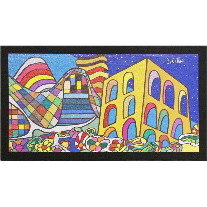 foto del prodotto zerbino gomma dipinto artistico jack ottanio pop art 40x70 interno esterno antiscivolo pop buildings c 