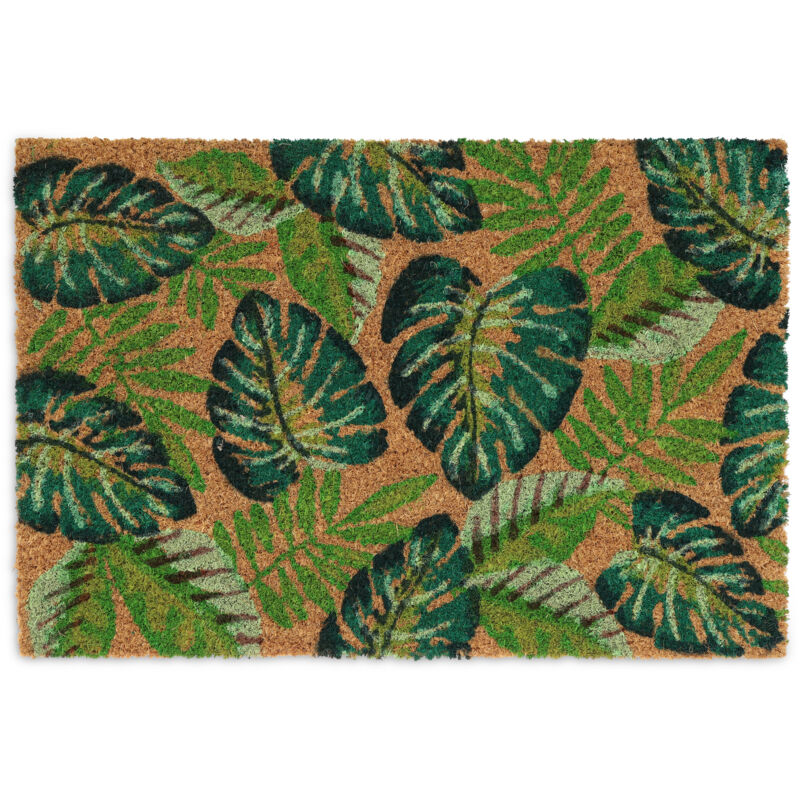 foto del prodotto zerbino in fibra di cocco, 40x60 cm, design con foglie, tappetino interni e esterni, antiscivolo, colorato relaxdays
