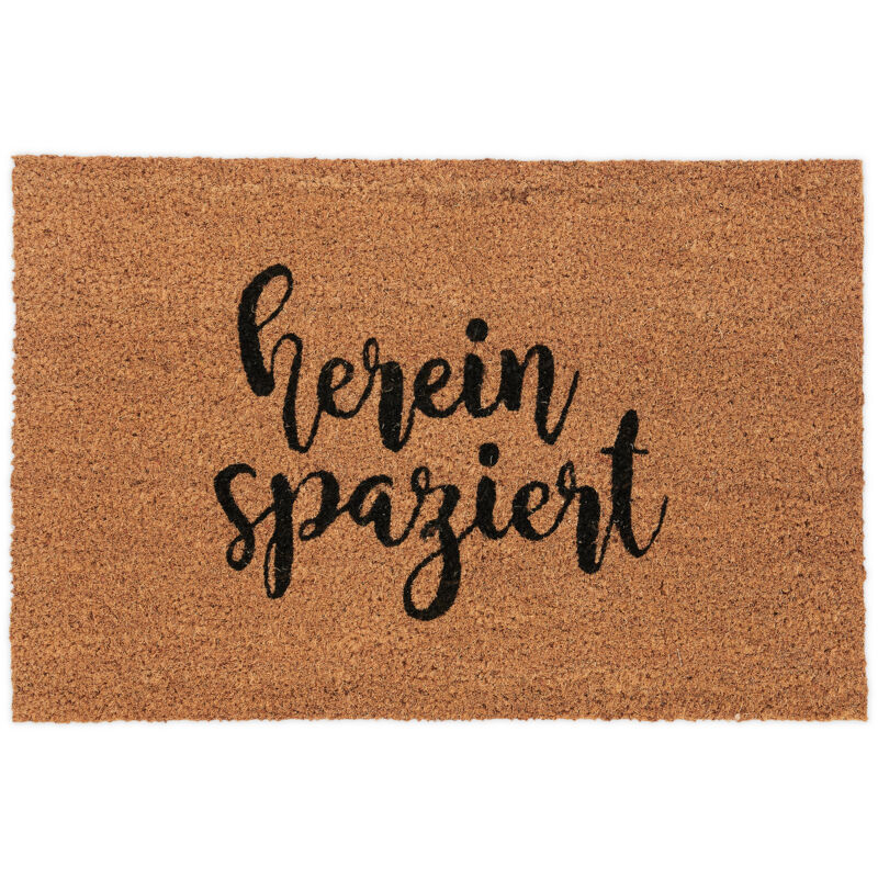 foto del prodotto zerbino in fibra di cocco, 40x60 cm, design con scritta, tappetino interni e esterni antiscivolo, marrone nero relaxdays