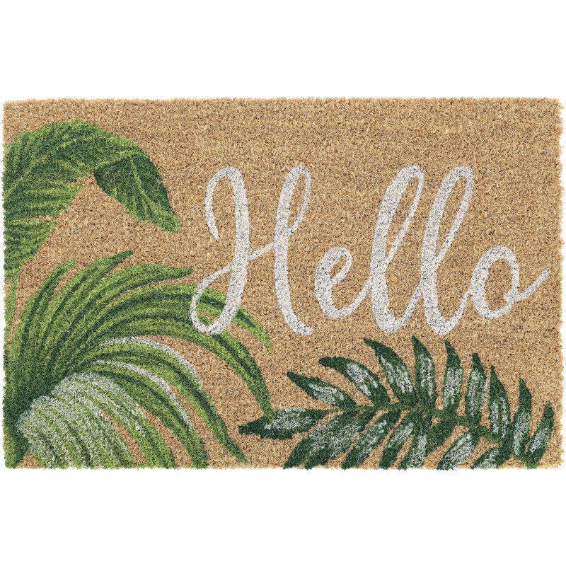 foto del prodotto zerbino in fibra di cocco, 40x60 cm, design hello con foglie, interni e esterni, antiscivolo, naturale verde relaxdays